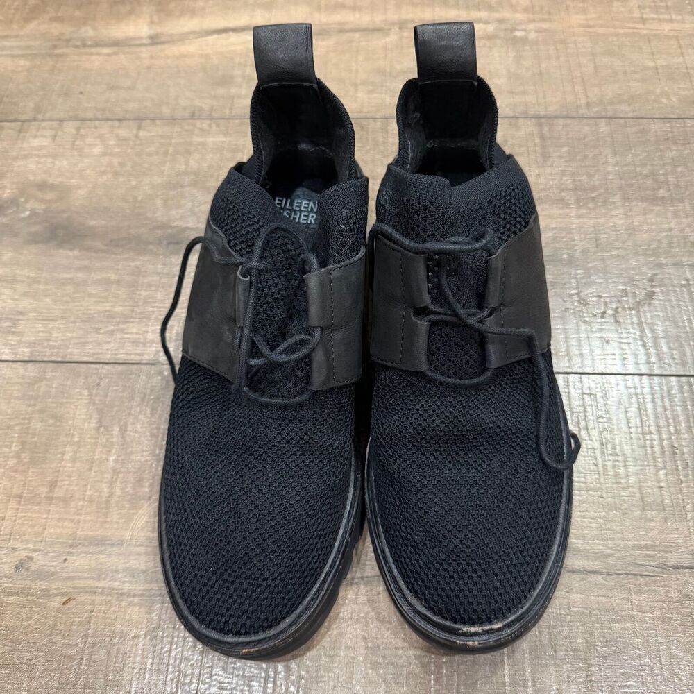 Eileen Fisher womens 7 Wilson Lace Up Knit Wedge Shoes Sneaker Black chunky